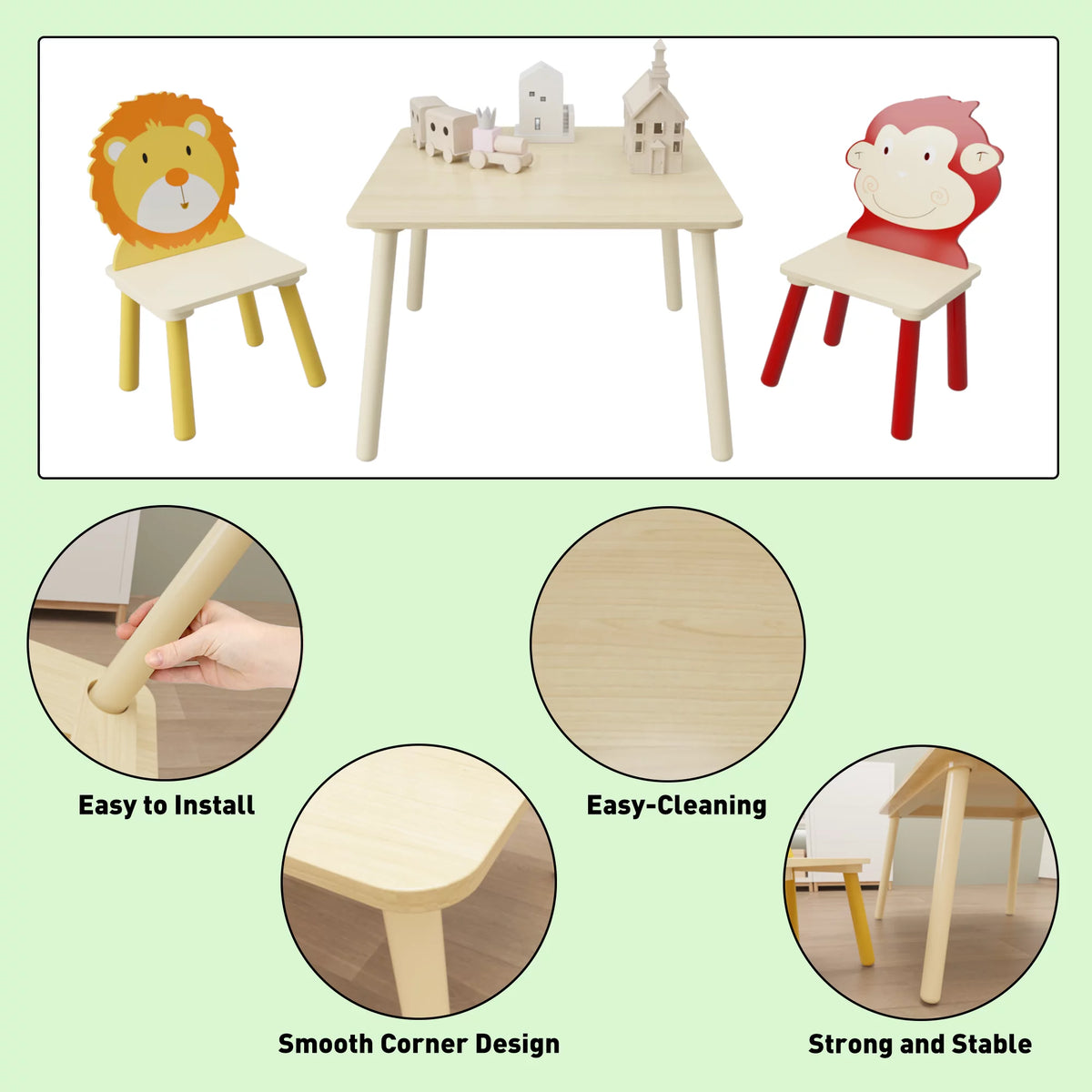 Kids Table & Chair Set, 3 Pieces Solid Wood B225884