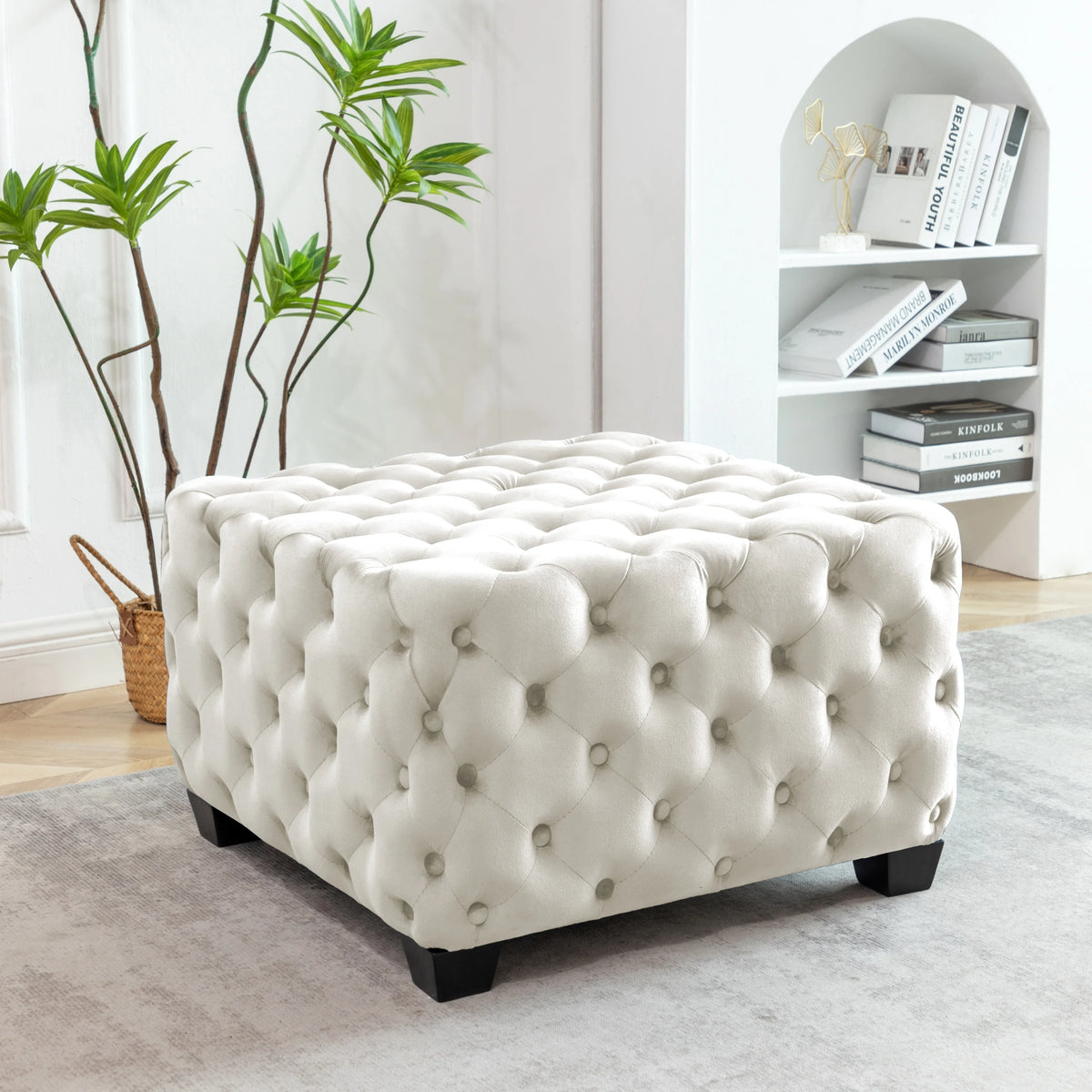 Black Velvet Tufted Square Ottoman with Rubberwood Legs X289