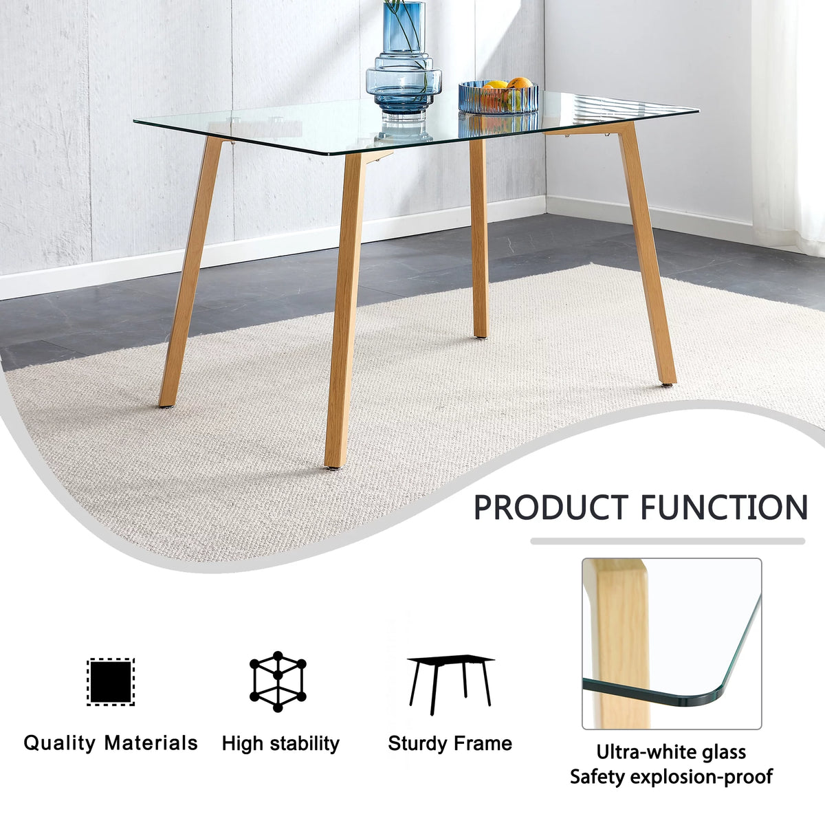 Glass Dining Table Rectangular with Tempered Glass Tabletop and Black Metal Legs K55837