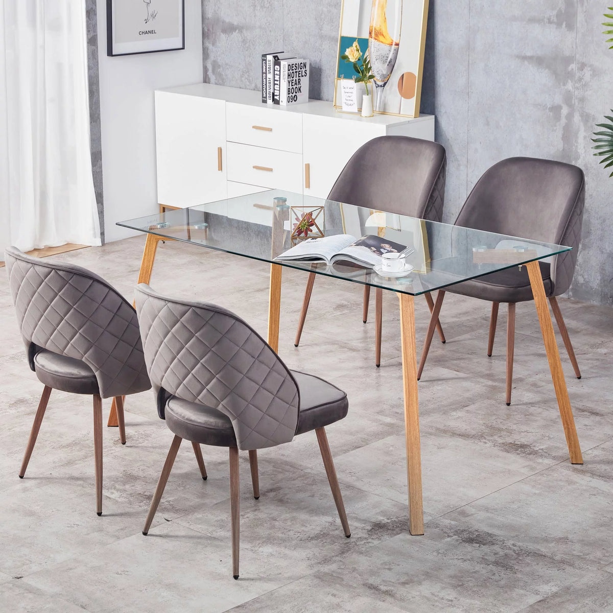 Glass Dining Table Rectangular with Tempered Glass Tabletop and Black Metal Legs K55837