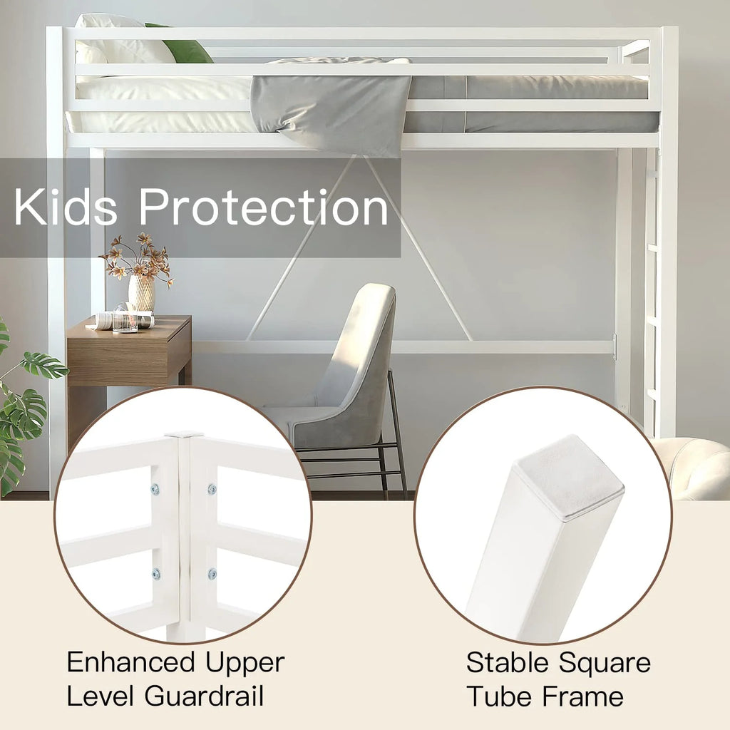 Twin Size White Loft Bed with Metal Ladder T181426