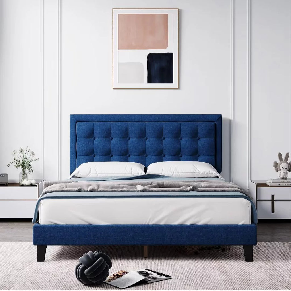 Full Size Blue Upholstered Platform Bed with Tufted Headboard M934