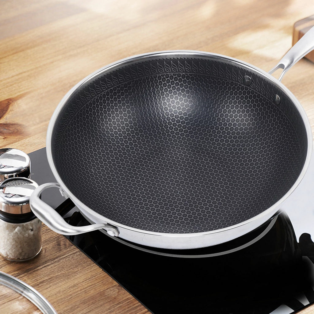 Non Stick Honeycomb Frying Wok Pan with Lid Stainless Steel Q481