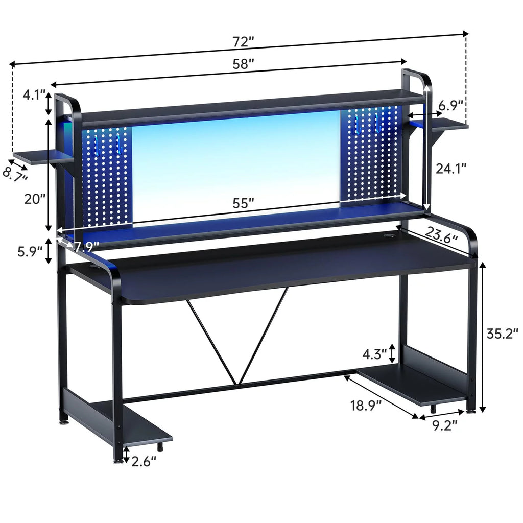 Black 55" Gaming Desk with LED Lights and Shelves E237