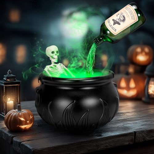 Black Cauldron Halloween Decoration with Skeleton Potion Bottles Q839