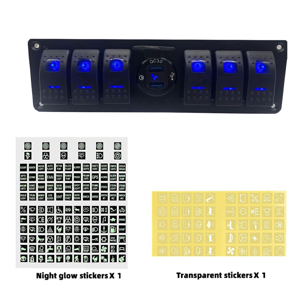6 Gang Marine Switch Panel with Dual USB Charger Voltmeter Waterproof 12V-24V DC S5817