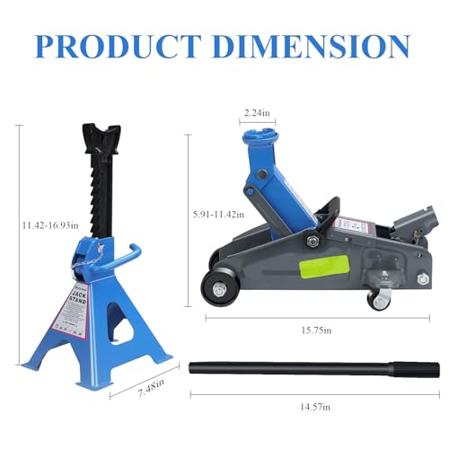 2-Ton Hydraulic Trolley Floor Jack Combo with 2 Jack Stands, Blue J324
