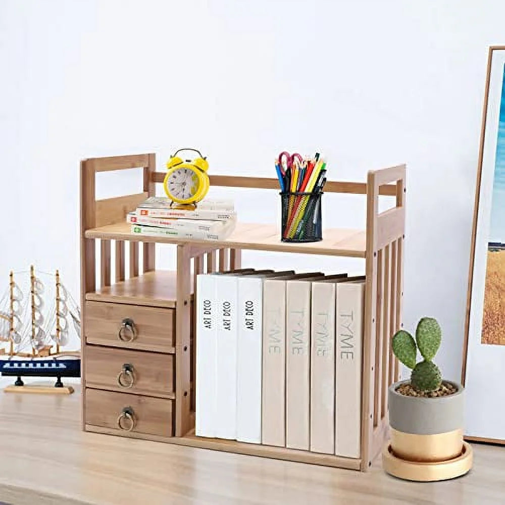 Bamboo Desktop Bookshelf Organizer with 3 Drawers U835