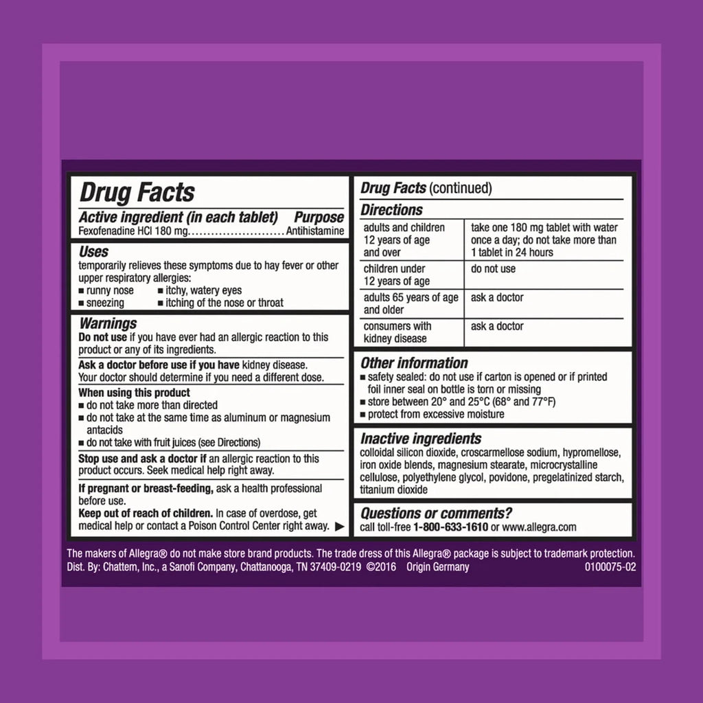 24 Hour Non-Drowsy Antihistamine Tablets, 180 mg, 30 Pills R3182