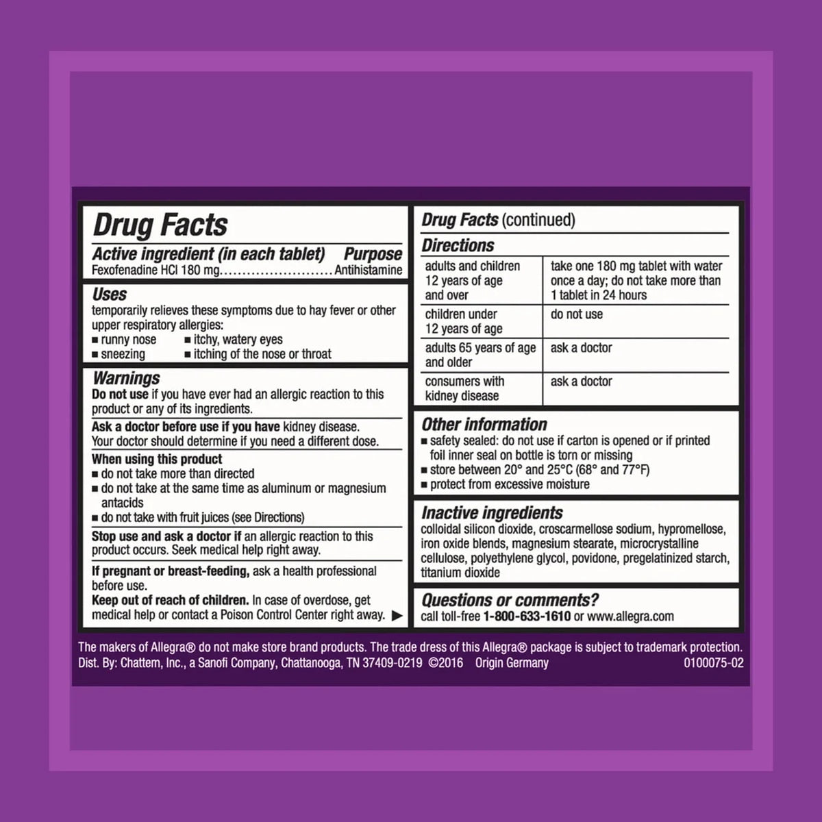 24 Hour Non-Drowsy Antihistamine Tablets, 180 mg, 30 Pills R3182