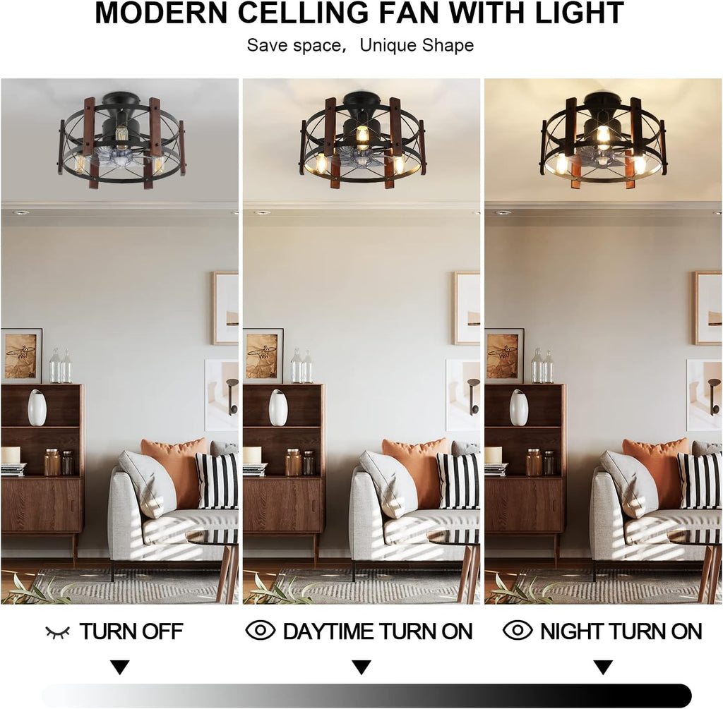 Industrial Ceiling Fan with Light Remote Control Metal Caged Wood Black Enclosed Y5942