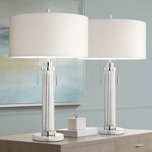 30" Tall Glass Column End Table Lamps Set of 2 Q923
