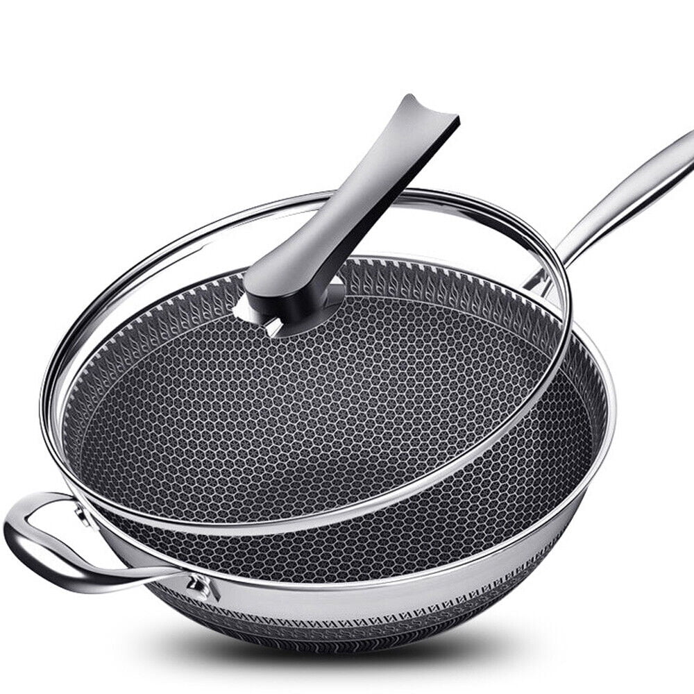 Non Stick Honeycomb Frying Wok Pan with Lid Stainless Steel Q481