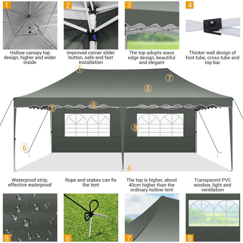 10'x 20' Pop up Canopy Tent with 6 Removable Side Walls Black K718