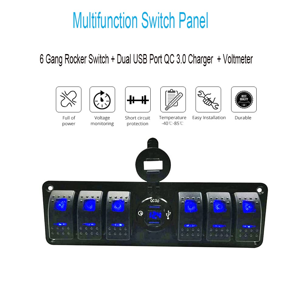 6 Gang Marine Switch Panel with Dual USB Charger Voltmeter Waterproof 12V-24V DC S5817