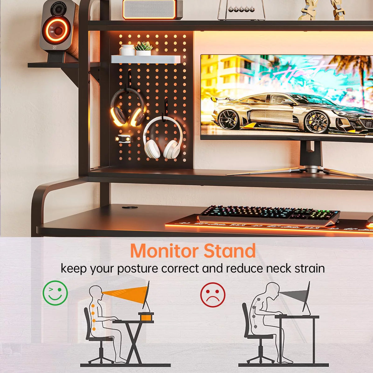 Black 55" Gaming Desk with LED Lights and Shelves E237