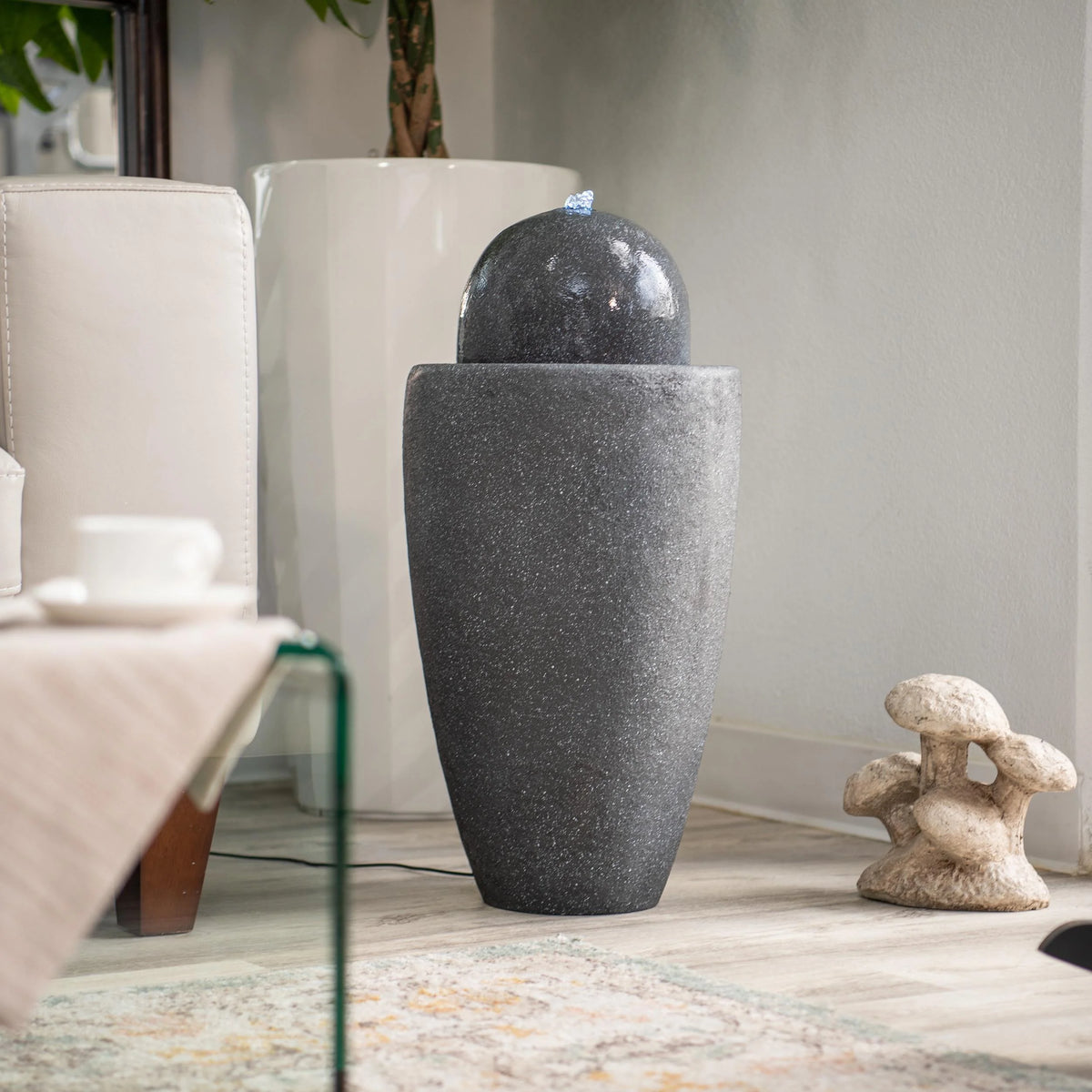 25.98"W Round Stone Indoor/Outdoor Water Fountain with LED Lights, Gray F336085