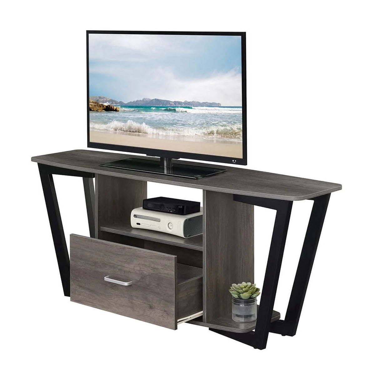 60-inch One-Drawer TV Stand with Shelves Gray Wood Finish W96152
