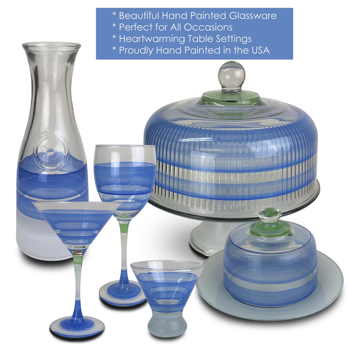 Blue and Clear Striped Wine Glasses Set of 2 O328