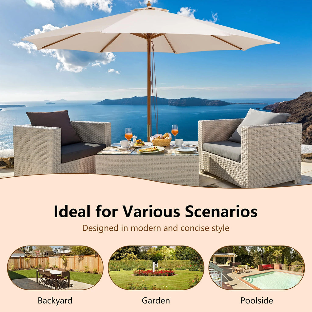 10FT Wooden Market Table Umbrella with 8 Bamboo Ribs Z59348