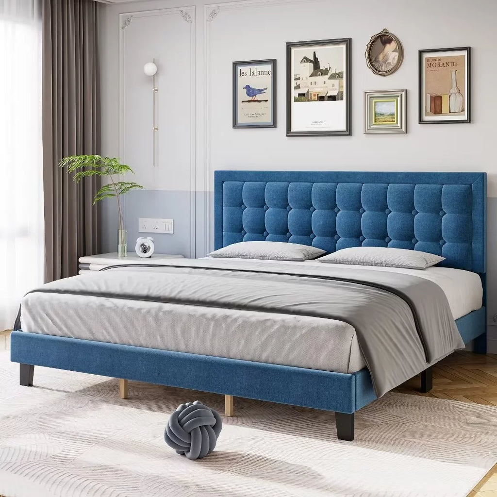 Full Size Blue Upholstered Platform Bed with Tufted Headboard M934