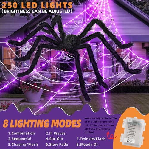 250 LED Purple Spider Web Light Decorations with Giant Spider & Stretch Cobweb S7555
