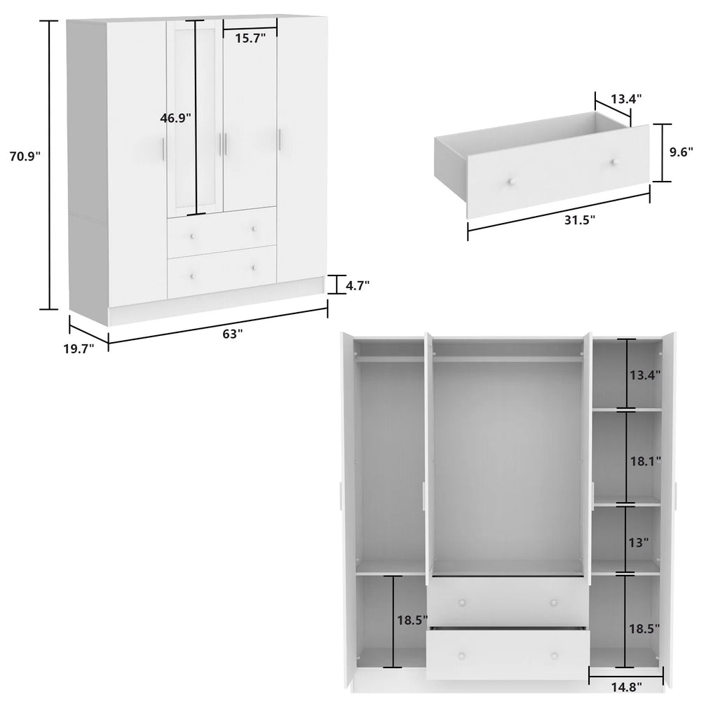 White Wooden Wardrobe Armoire with Mirror 4 Doors 2 Drawers D347532