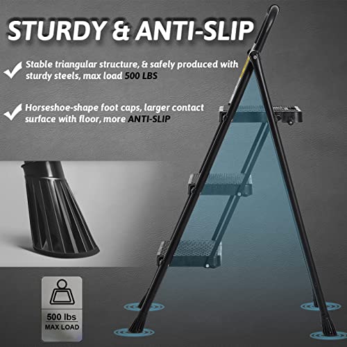 3 Step Folding Steel Step Ladder with Handgrip, 500 Lbs, Black K64997