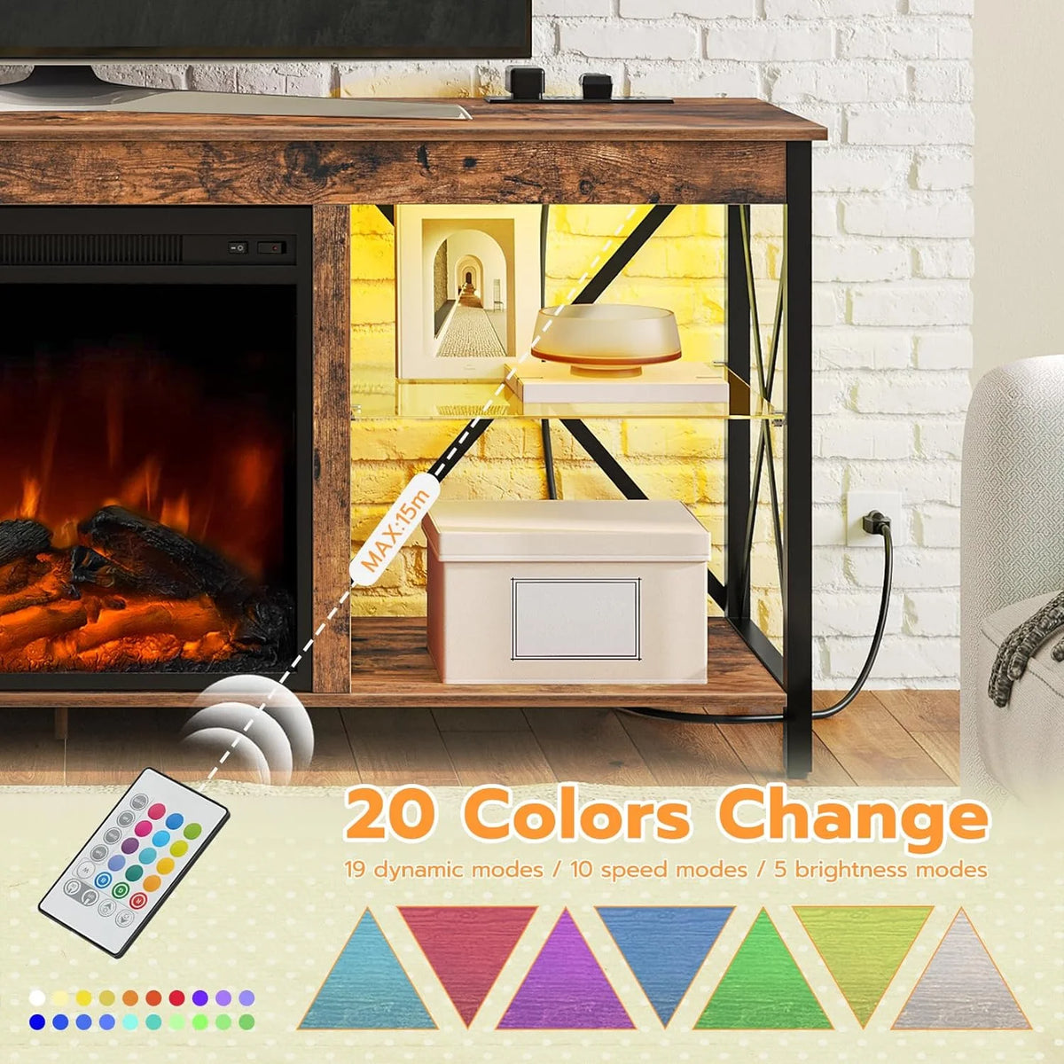 Rustic Brown Fireplace TV Stand with Led Lights and Power Outlets P307