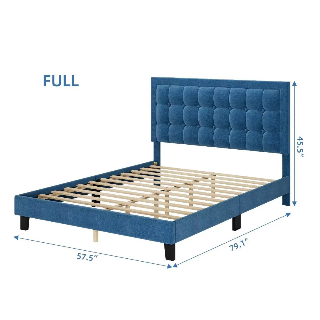 Full Size Blue Upholstered Platform Bed with Tufted Headboard M934