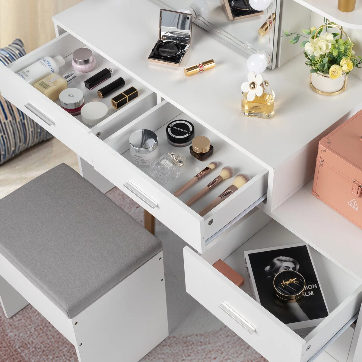 Modern Vanity Table Set with Lighted Mirror, 5 Drawer White G81404