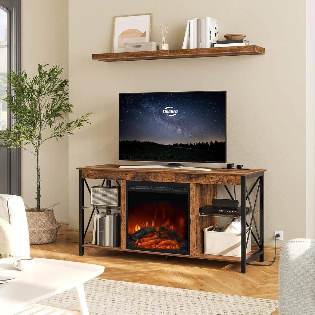 Rustic Brown Fireplace TV Stand with Led Lights and Power Outlets P307