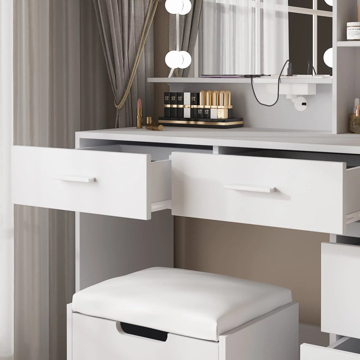 Modern Vanity Table Set with Lighted Mirror, 5 Drawer White G81404