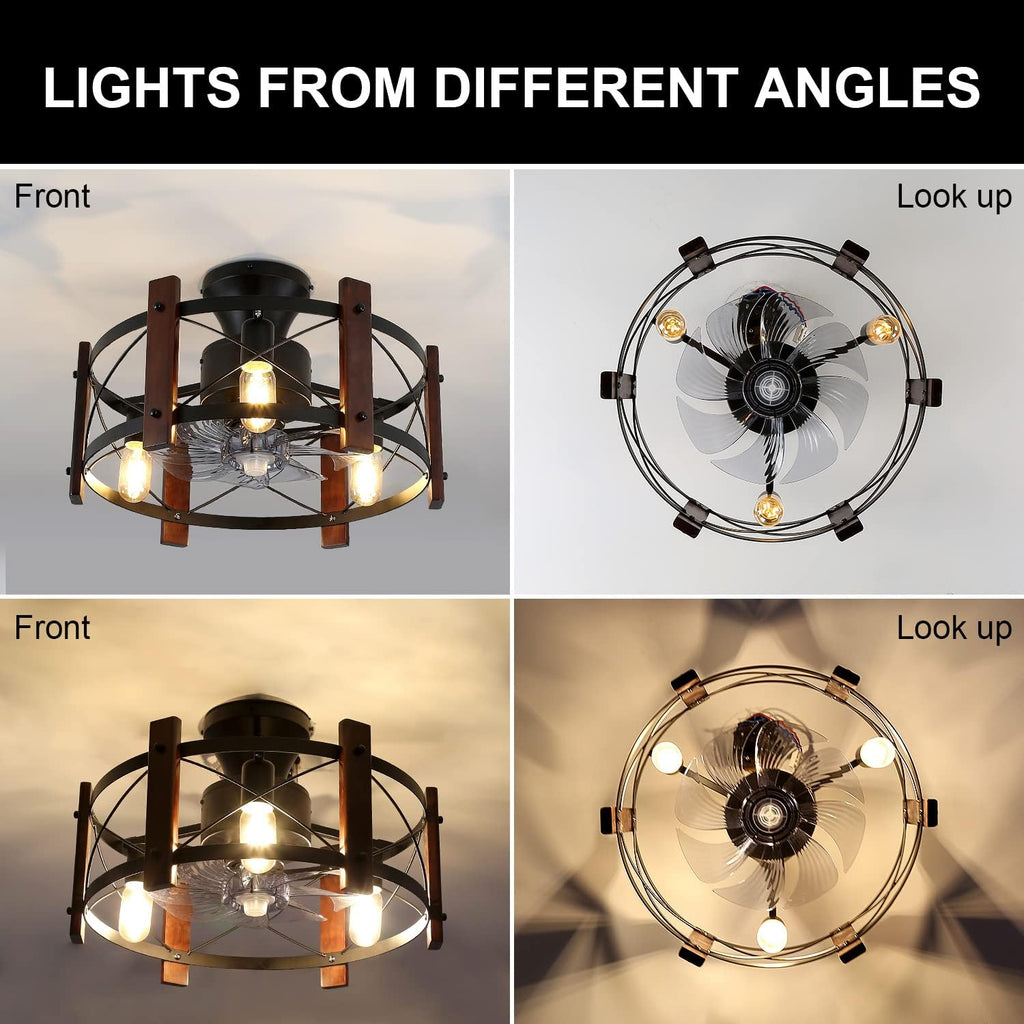 Industrial Ceiling Fan with Light Remote Control Metal Caged Wood Black Enclosed Y5942