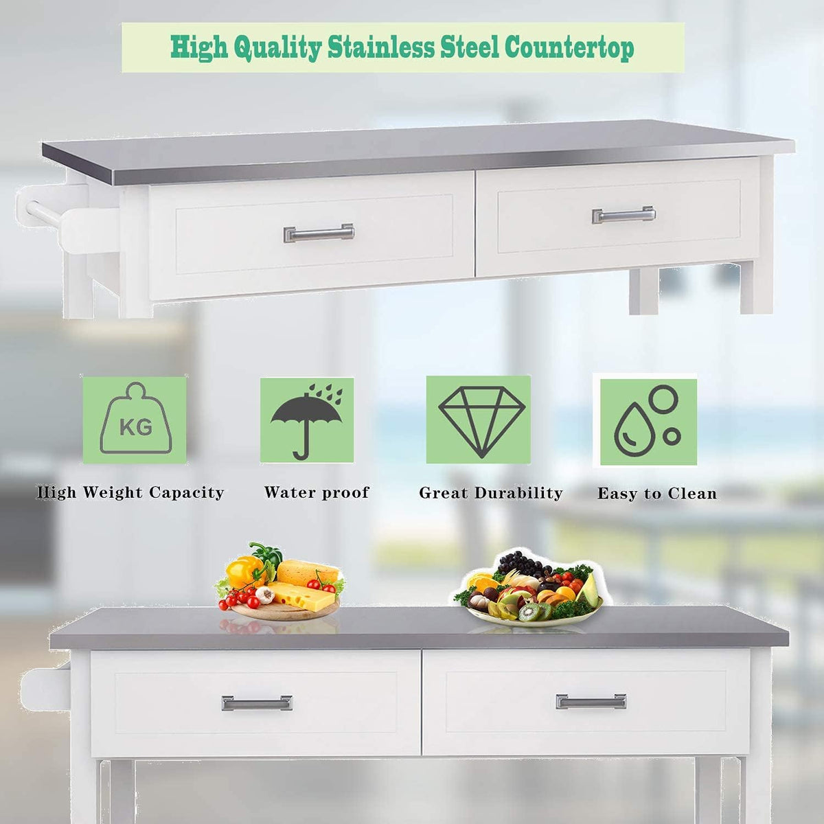 White Stainless Steel Top Kitchen Island on Wheels with 2 Drawers and Storage Shelves N15330