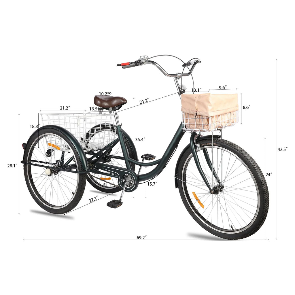 24 Inch Single Speed Adult Tricycle 3 Wheels Cruiser Bike with Removable Wheeled Basket V8602
