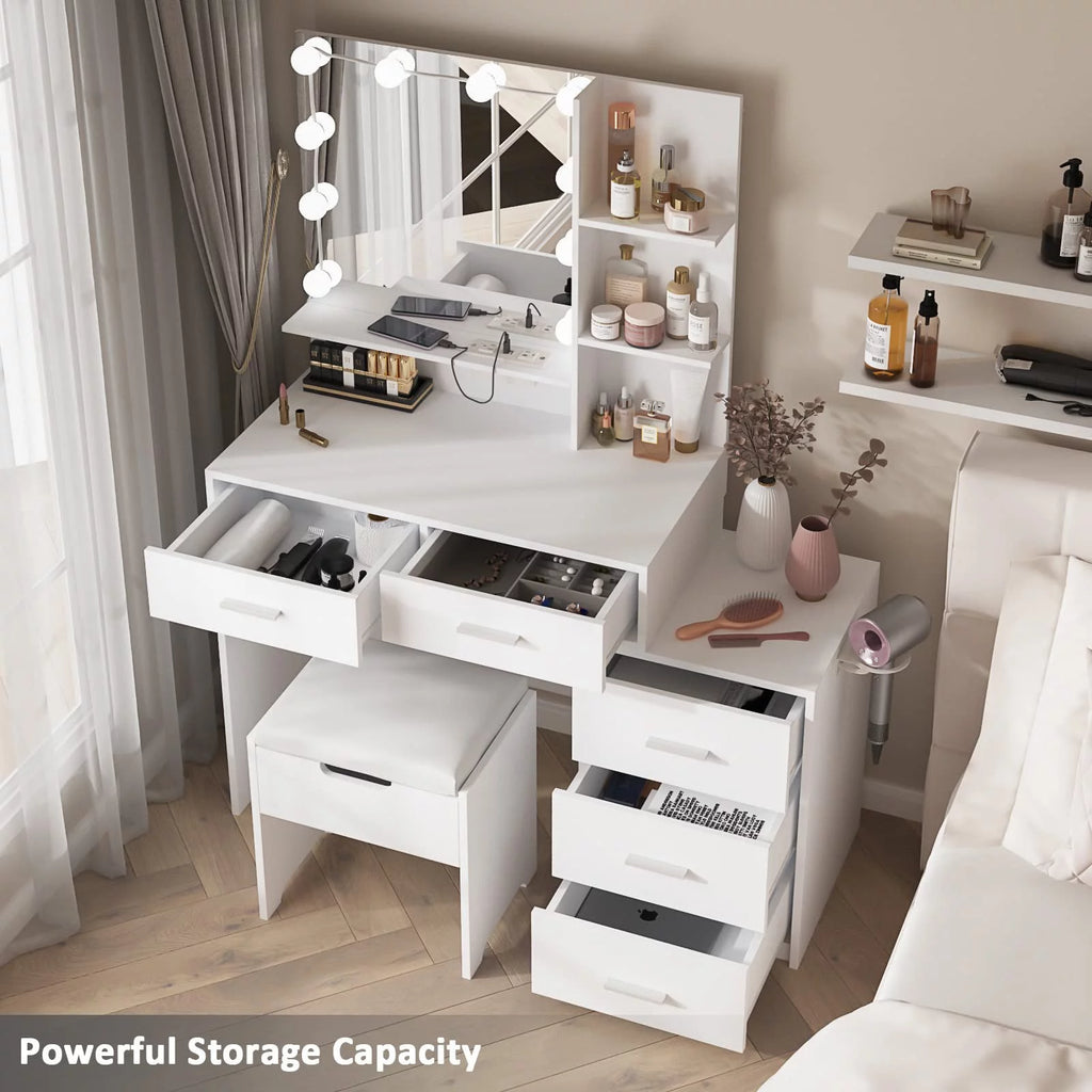 Modern Vanity Table Set with Lighted Mirror, 5 Drawer White G81404