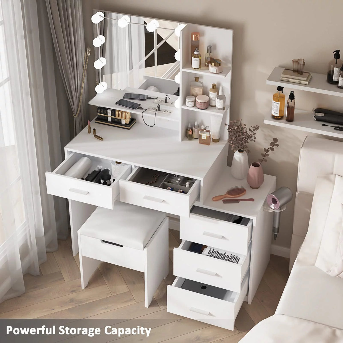 Modern Vanity Table Set with Lighted Mirror, 5 Drawer White G81404