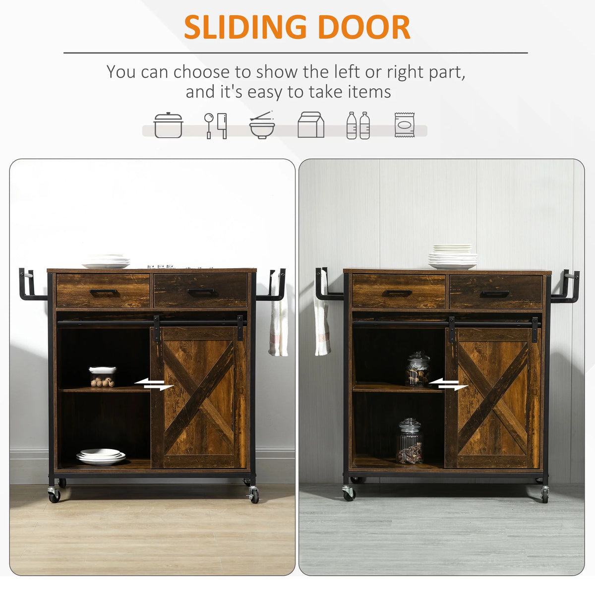 Rolling Kitchen Cart with Adjustable Shelf, Two Drawers and Towel Rack W197