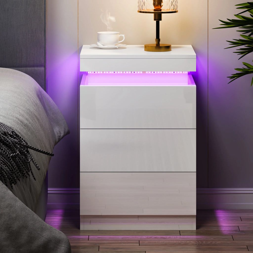 White 3 Drawer LED Nightstand N5184