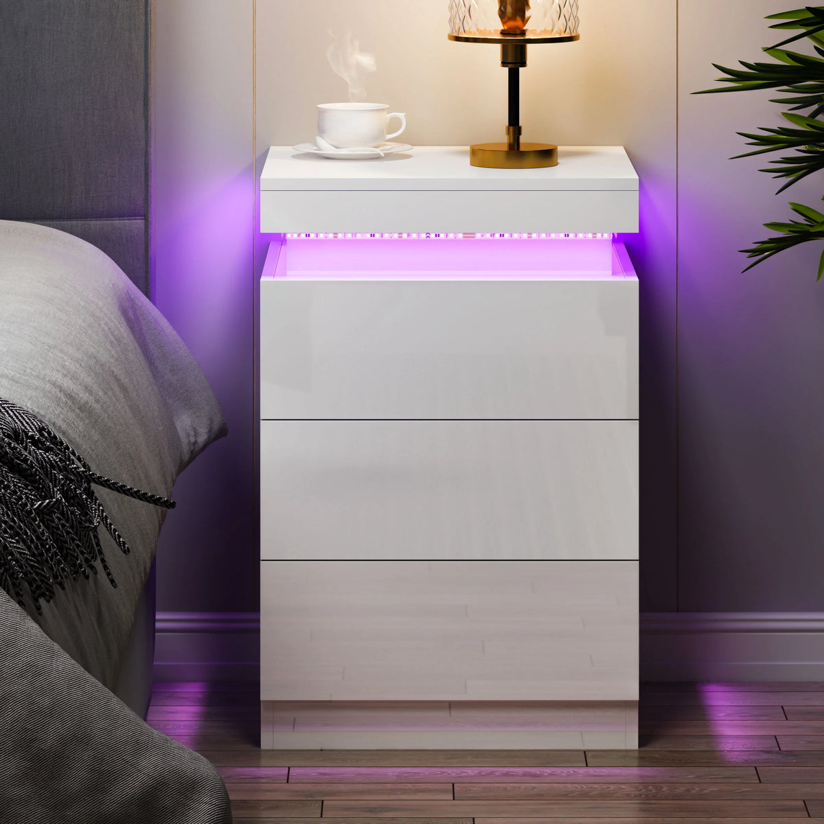 White 3 Drawer LED Nightstand N5184
