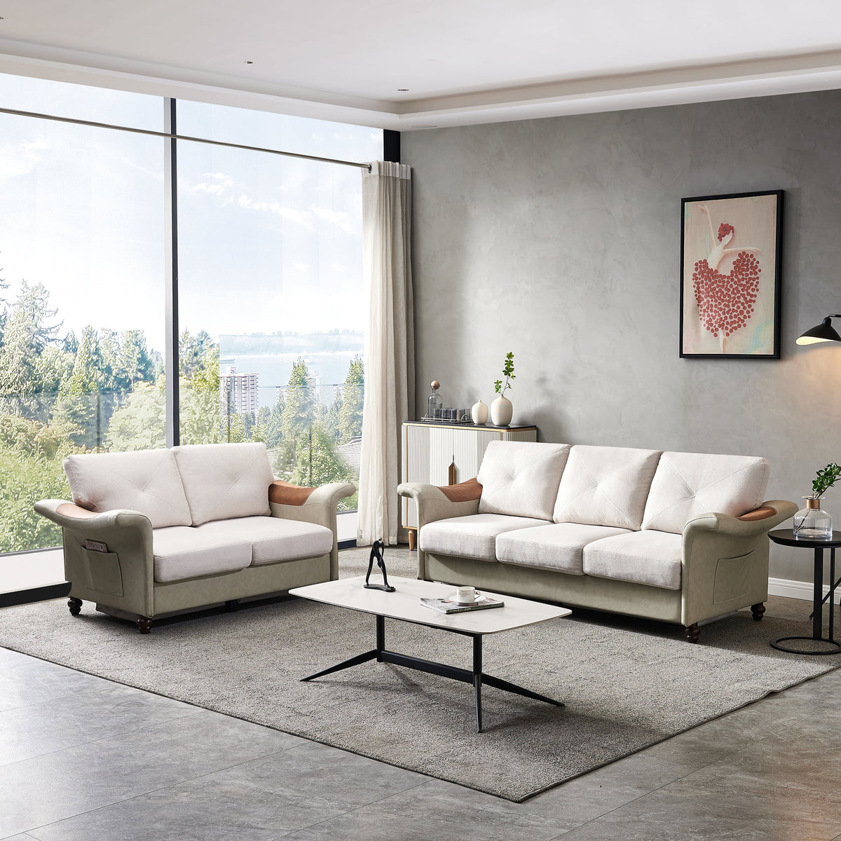 2 Piece Linen Fabric Faux Leather Sectional Sofa X697