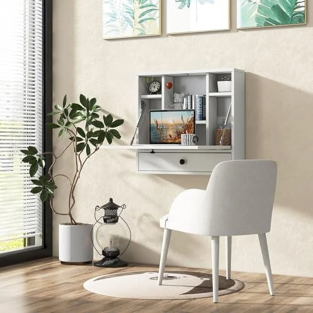 Black Wall Mounted Desk with Drawer and Shelves S8813