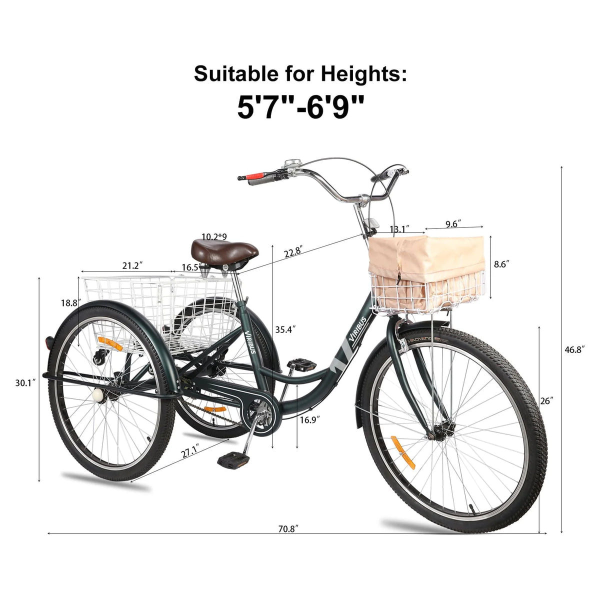 24 Inch Single Speed Adult Tricycle 3 Wheels Cruiser Bike with Removable Wheeled Basket V8602