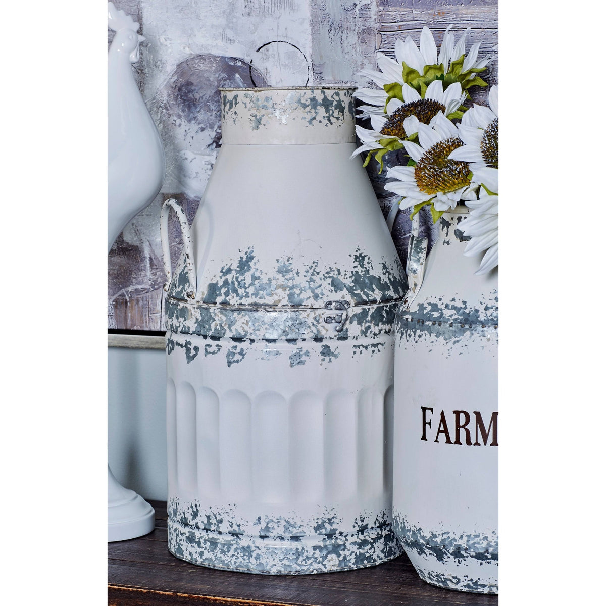 Set of 2 Round White Iron Milk Can C7234