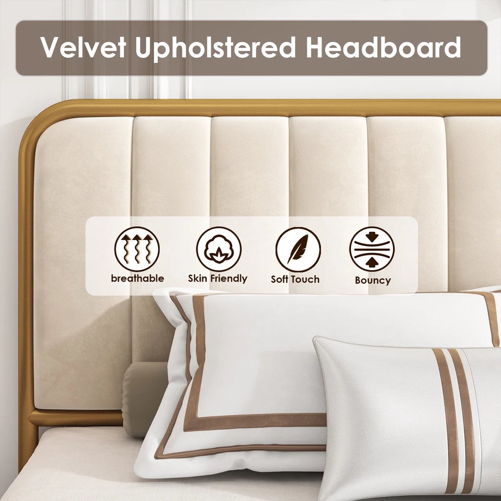 King Size 4 Drawer Gold Platform Bed with Tufted Headboard I992603