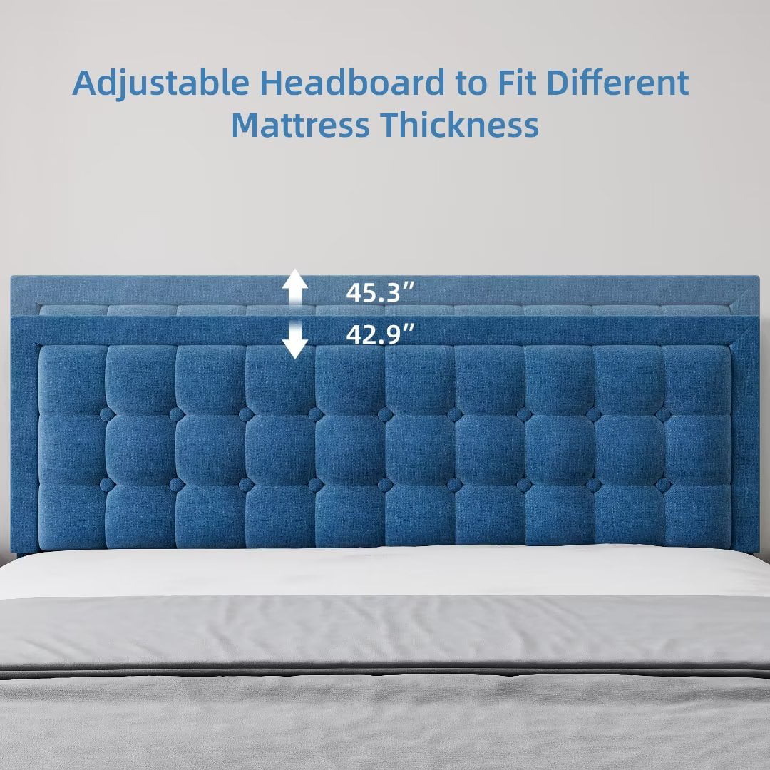 Full Size Blue Upholstered Platform Bed with Tufted Headboard M934