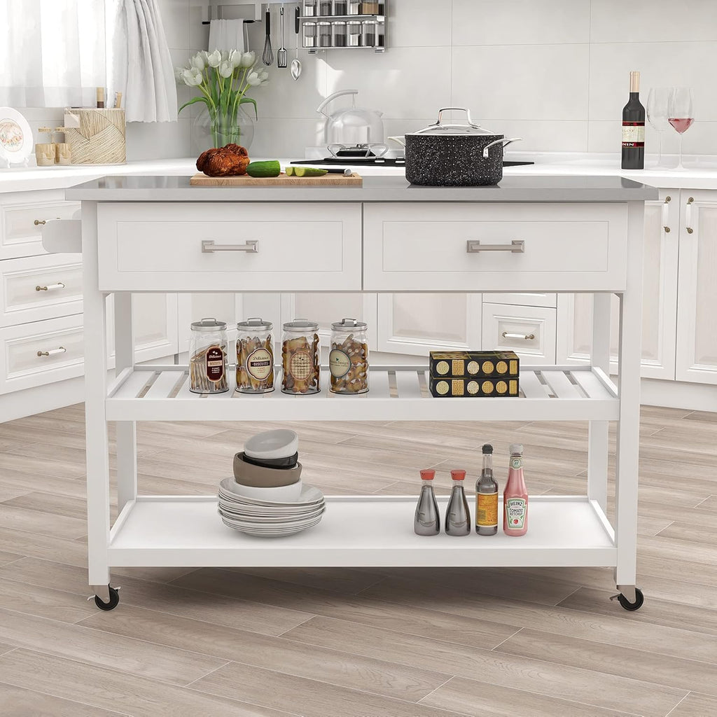 White Stainless Steel Top Kitchen Island on Wheels with 2 Drawers and Storage Shelves N15330