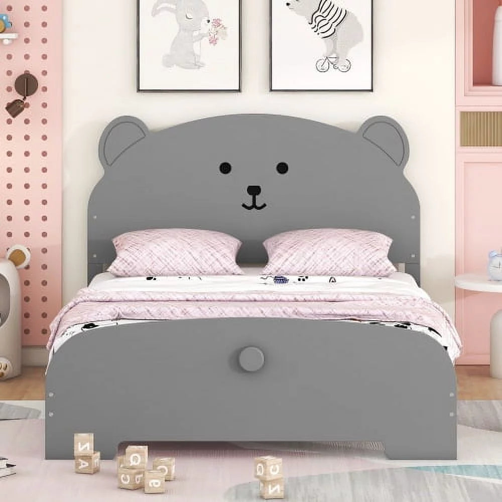 Full Size Bear-shaped Wood Platform Bed Frame with Headboard & Footboard Gray U470455