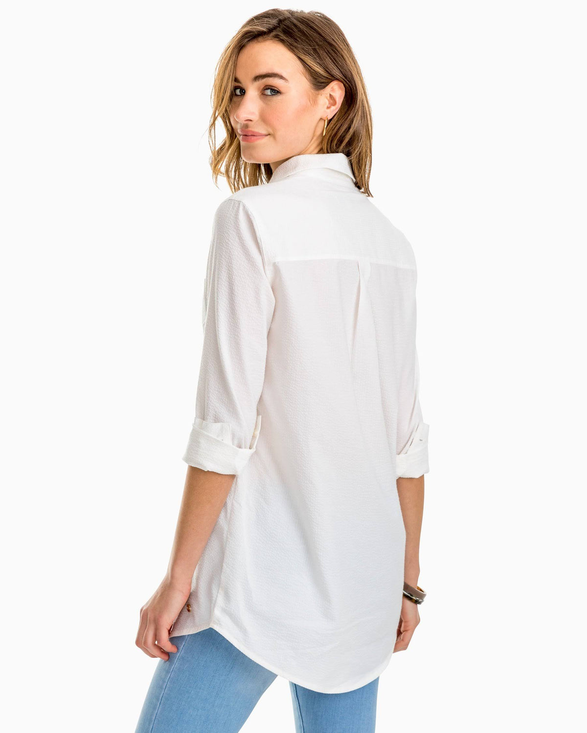Long Sleeve Seersucker Tunic Top Y3717